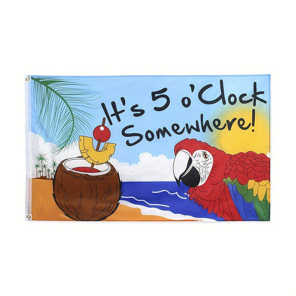 It's 5 O'Clock Somewhere Parrot Happy Hour Flags Tropical Party Decoration & Outdoor Fun with 1pc  3x5ft 90x150cm Banner ,Outdoor Holiday Decoration, Yard Decoration, Theme Party Decoration