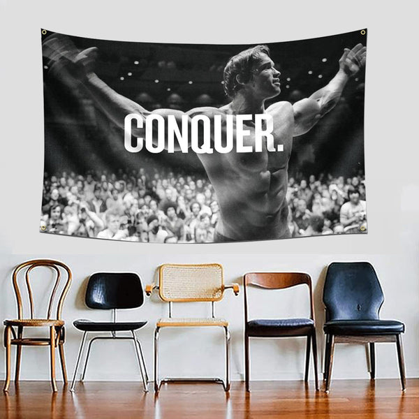 Conquer Flag Original Arnold Schwarzenegger Conquer Tapestries 3x5ft 90x150cm with 4 Brass Grommets for Dorm Decor College Parties