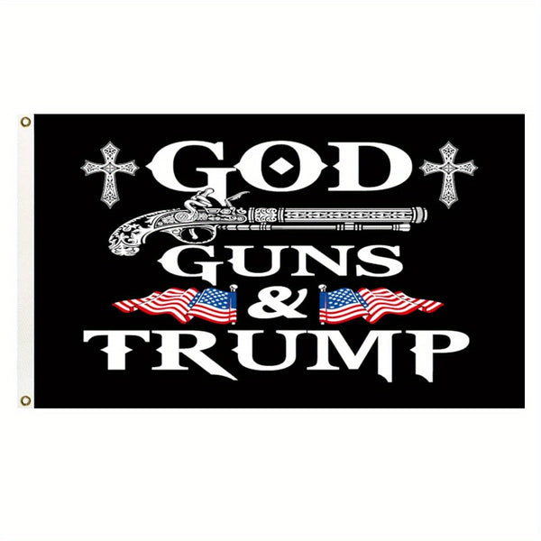 God Guns and Trump Flag 3x5ft 90x150cm for Indoor Outdoor Vivid Color Good workmanship with 2 Solid Grommets (A)