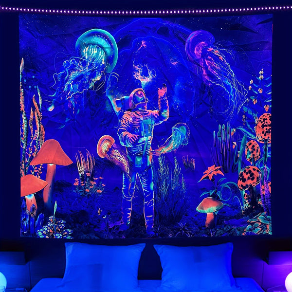 Astronaut Blacklight Tapestry UV Reactive Skeleton Wall funnyTapestries Glow In The Dark Party Backdrop,Black Light Trippy Psychedelic Space Neon Cool Posters For Bedroom DécorWall Hanging Decoration