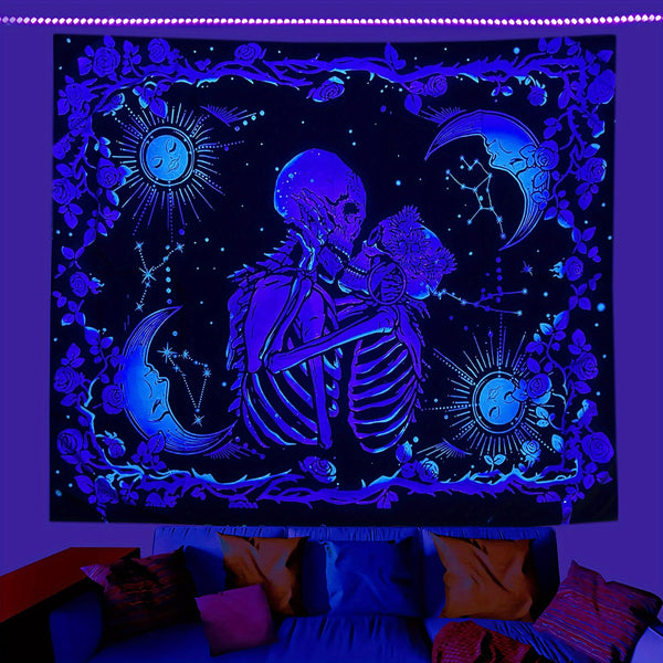 Skull Blacklight TapestryUV Reactive Skeleton Wall TapestriesGlow In The Dark Party Backdrop, Black Light Trippy Psychedelic Space Neon Cool Posters For Bedroom Décor Wall Hanging Decoration Fabric