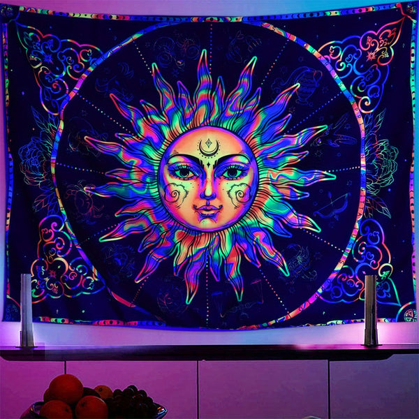 Sun Blacklight Tapestry UV Reactive Skeleton Wall funnyTapestries Glow In The Dark Party Backdrop, Black Light Trippy Psychedelic Space Neon Cool Posters For Bedroom Décor Wall Hanging Decoration