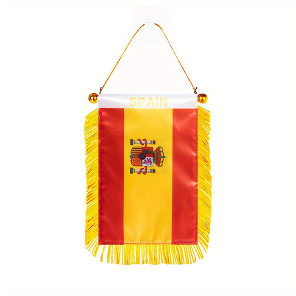 1pc Spain Window Hanging flag Spanish Flag 3x4 Inch 8x12cm double side Mini Flag Banner Car Rearview Mirror Decor Fringed Hanging Flag with Suction Cup