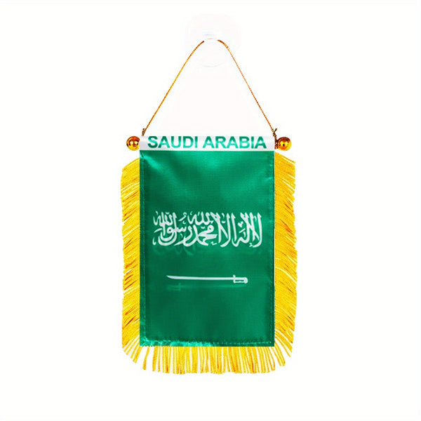 1pc Saudi Arabia flag Window Hanging 3x4 Inch 8x12cm double side Mini Flag Banner Car Rearview Mirror Decor Fringed Hanging Flag with Suction Cup