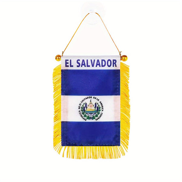1pc EL Salvador flag Window Hanging 3x4 Inch 8x12cm double side Mini Flag Banner Car Rearview Mirror Decor Fringed Hanging Flag with Suction Cup