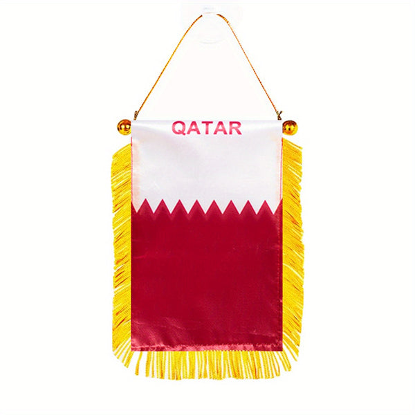 1pc Qatar Window Hanging flag Katar 3x4 Inch 8x12cm double side Mini Flag Banner Car Rearview Mirror Decor Fringed Hanging Flag with Suction Cup