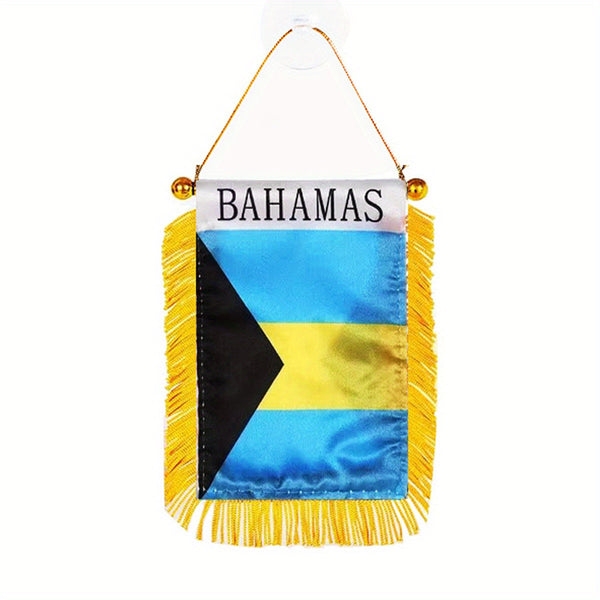 1pc Bahamas Window Hanging Flag Bahamian National 3x4 Inch 8x12cm double side Mini Flag Banner Car Rearview Mirror Decor Fringed Hanging Flag with Suction Cup
