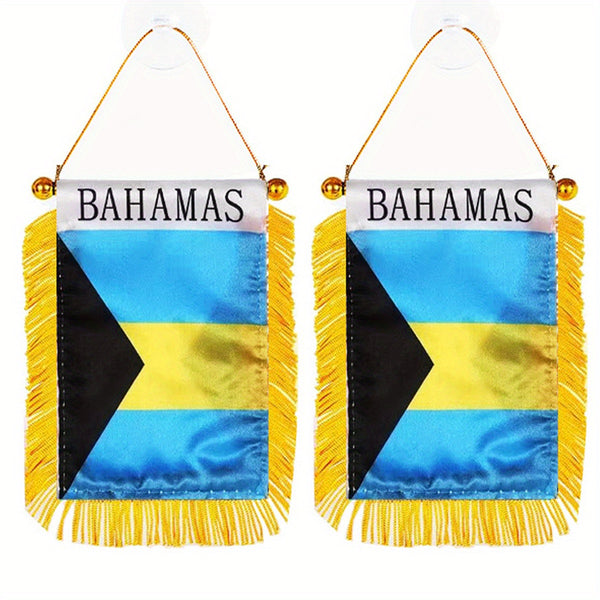 2pcs Bahamas Window Hanging Flag Bahamian National 3x4inch 8x12cm double side Mini Flag Banner Car Rearview Mirror Decor Fringed Hanging Flag with Suction Cup