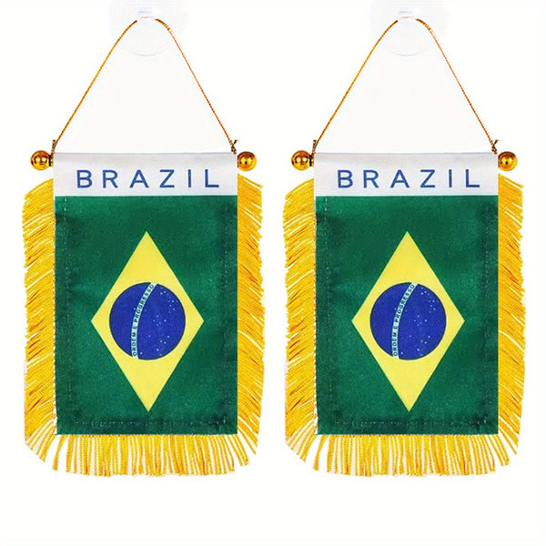 2pcs Brazil Window Hanging Flag 3x4inch 8x12cm Brasil Brazilian Window Hanging Flag double side Mini Flag Banner Car Rearview Mirror Decor Fringed Hanging Flag with Suction Cup