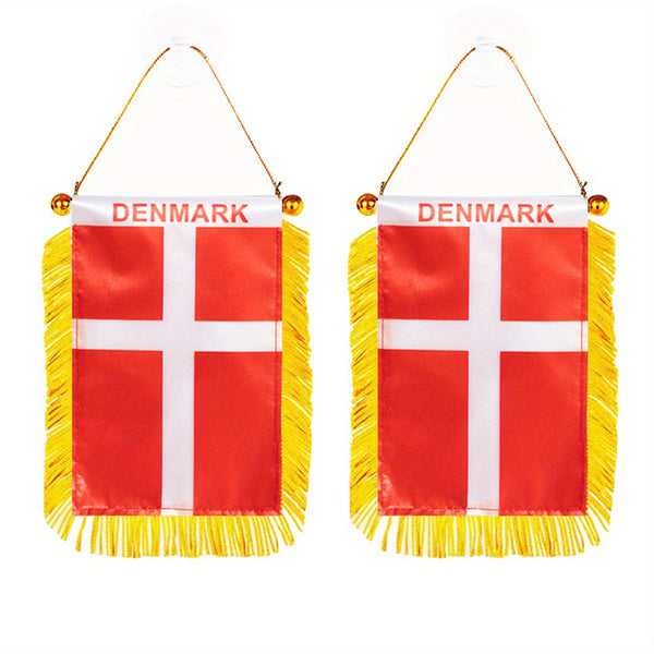 2pcs Denmark Window Hanging Flag 3x4inch 8x12cm double side Mini Flag Banner Car Rearview Mirror Decor Fringed Hanging Flag with Suction Cup