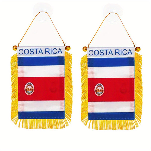 2pcs Costa Rica Window Hanging flag 3x4inch 8x12cm double side Mini Flag Banner Car Rearview Mirror Decor Fringed Hanging Flag with Suction Cup