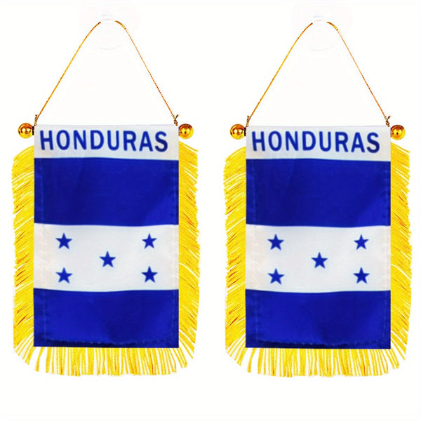 2pcs Honduras Window Hanging 3x4inch 8x12cm HND HN Honduras double side Mini Flag Banner Car Rearview Mirror Decor Fringed Hanging Flag with Suction Cup
