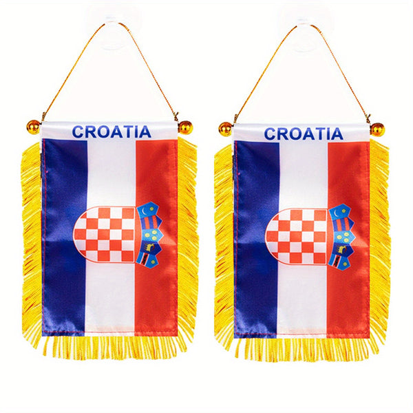 2pcs Croatia Window Hanging flag Hr Hrvatska Croatian 3x4inch 8x12cm double side Mini Flag Banner Car Rearview Mirror Decor Fringed Hanging Flag with Suction Cup