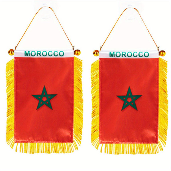 2pcs Morocco Window Hanging flag MA MAR flag 3x4inch 8x12cm double side Mini Flag Banner Car Rearview Mirror Decor Fringed Hanging Flag with Suction Cup