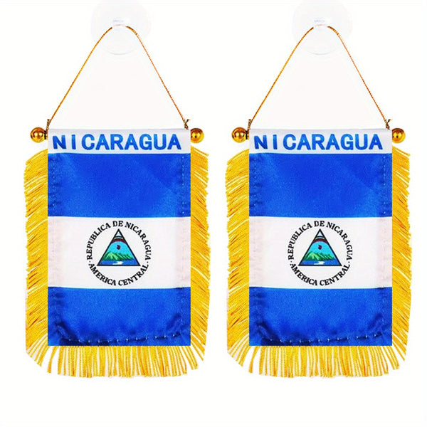 2pcs Nicaragua Window flag Hanging 3x4in 8x12cm double side Mini Flag Banner Car Rearview Mirror Decor Fringed Hanging Flag with Suction Cup