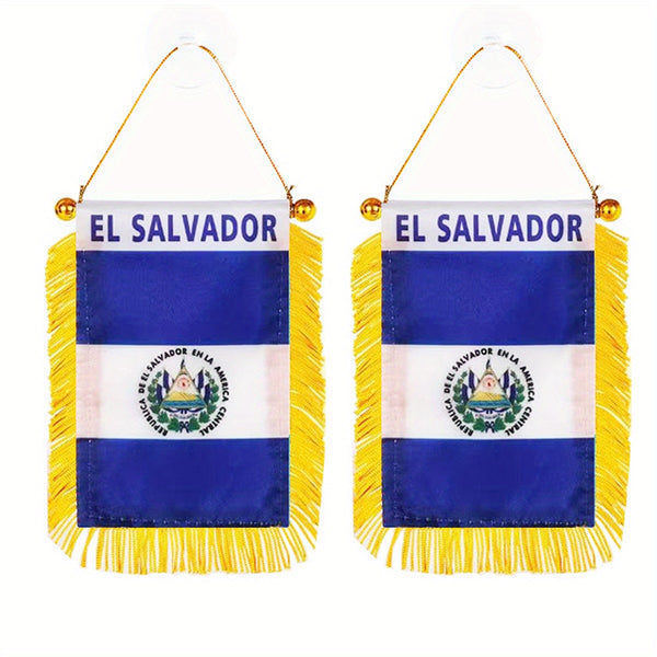 2pcs EL Salvador flag Window Hanging 3x4inch 8x12cm double side Mini Flag Banner Car Rearview Mirror Decor Fringed Hanging Flag with Suction Cup