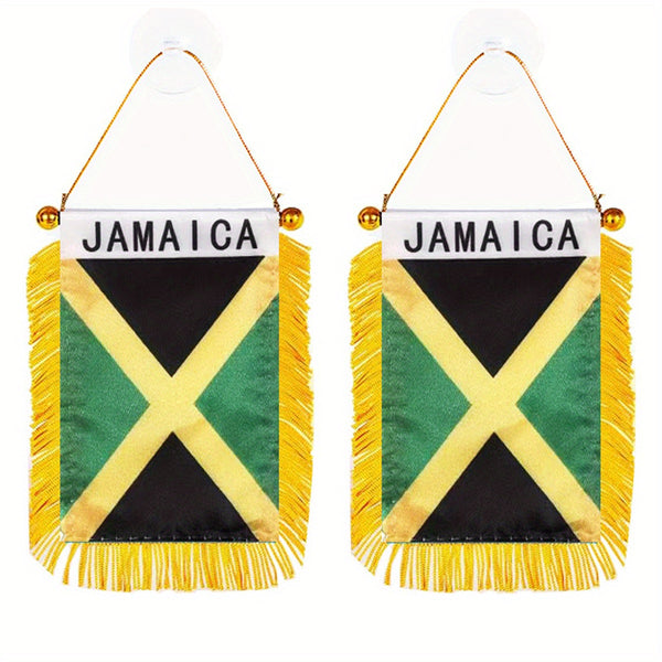 2pcs Jamaica Window Hanging flag Jam Jm Flag 3x4 Inch 8x12cm double side Mini Flag Banner Car Rearview Mirror Decor Fringed Hanging Flag with Suction Cup