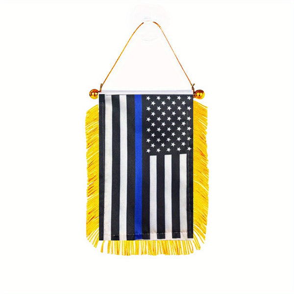 1pc USA Police Window Hanging flag 3x4 inch 8x12cm double side Mini Flag Banner Car Rearview Mirror Decor Fringed Hanging Flag with Suction Cup