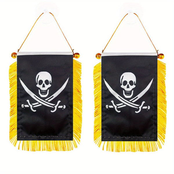2pcs Cross Sabres Swords Pirate Window Hanging flag 3x4 inch 8x12cm double side Mini Flag Banner Car Rearview Mirror Decor Fringed Hanging Flag with Suction Cup