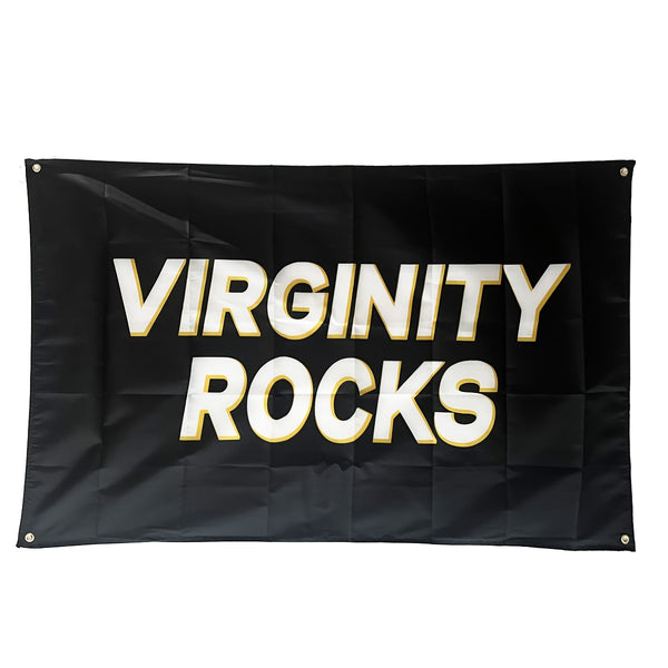 Virginity Rocks Flag Banner in Black 3x5fts 90x150cm Funny Flag,with 4 Brass Grommets For College Dorm Man Cave, Dorm Room Flags, Polyester 3X5 Ft with 4 Brass Grommets and Hooks, for Sporting events, Nelk Boys, Man cave, Tailgates