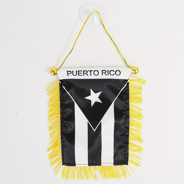 1PC Puerto Rico black Window Hanging Flag 3X4 Inch 8X12cm Mini Flag Banner & Car Rearview Mirror Décor Fringed Puerto Rican Hanging Flag with Suction Cup