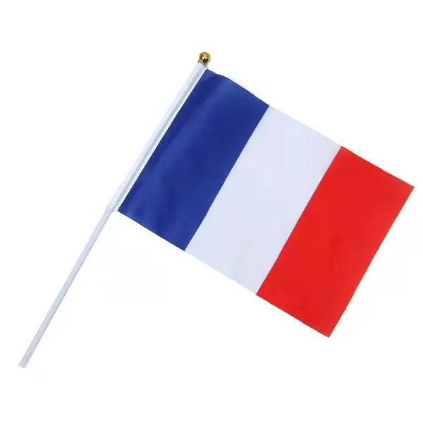 100pcs France Hand Flags 14x21cm French Hand Waving National Flag Promotion Wholesale with Mini Plastic Flagpoles