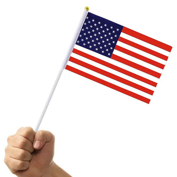 100pcs US USA American Hand Flag 14x21cm United States Hand Waving for election parade and march with plastic flagpole