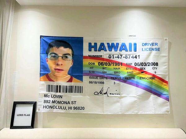 Free shipping Customized Mclovin Flag 90x150cm Polyester Fake ID Driver License HAWAII Mclovin flags College Dorm Banner